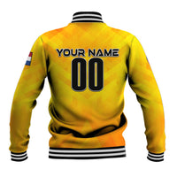Yellow baseball jacket back with YOUR NAME 00 print, striped collar and ribbed hem