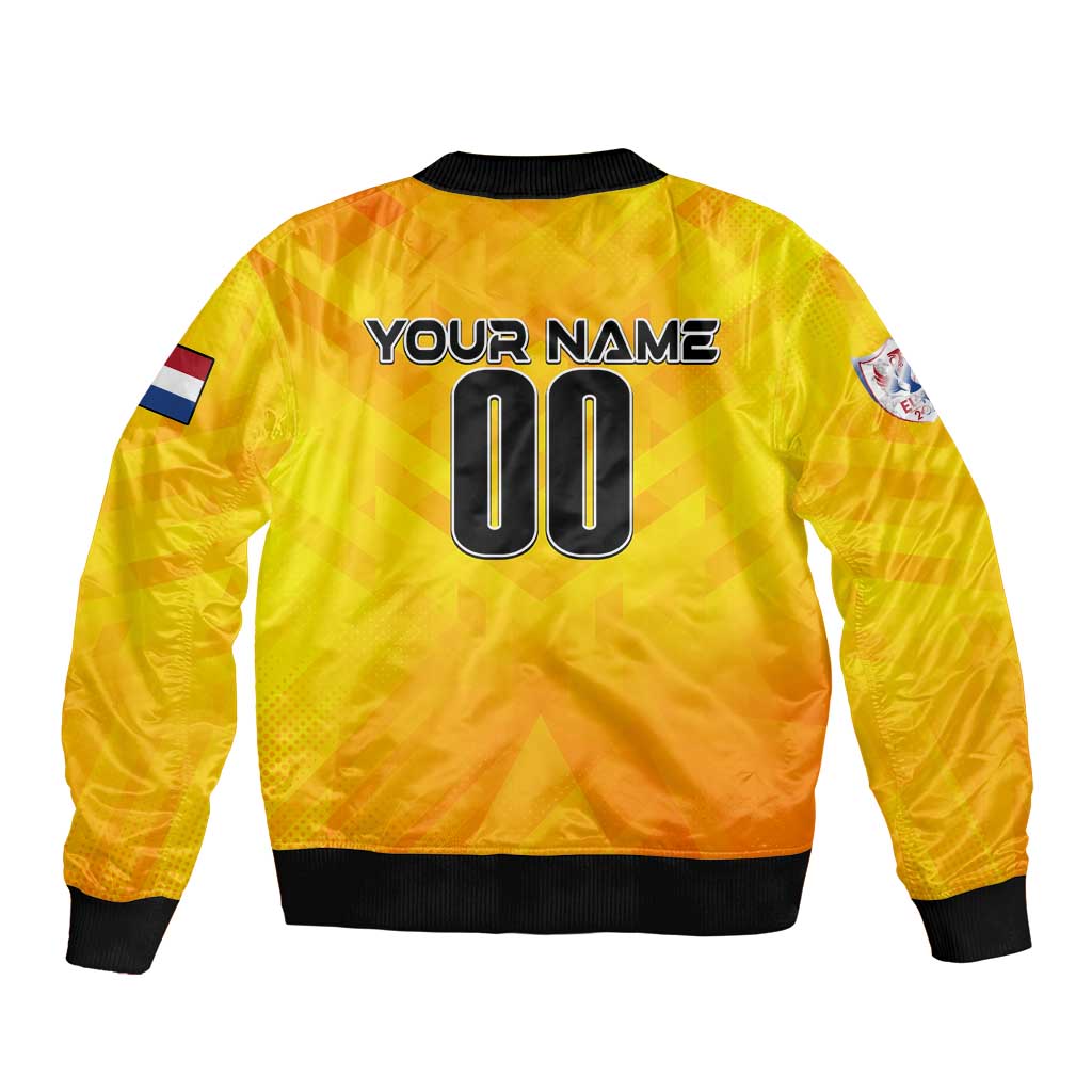 Yellow bomber jacket back with custom name and number, full-zip front, ribbed hem