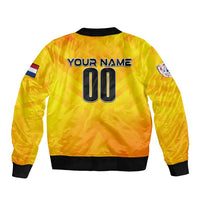 Yellow bomber jacket back with custom name and number, full-zip front, ribbed hem