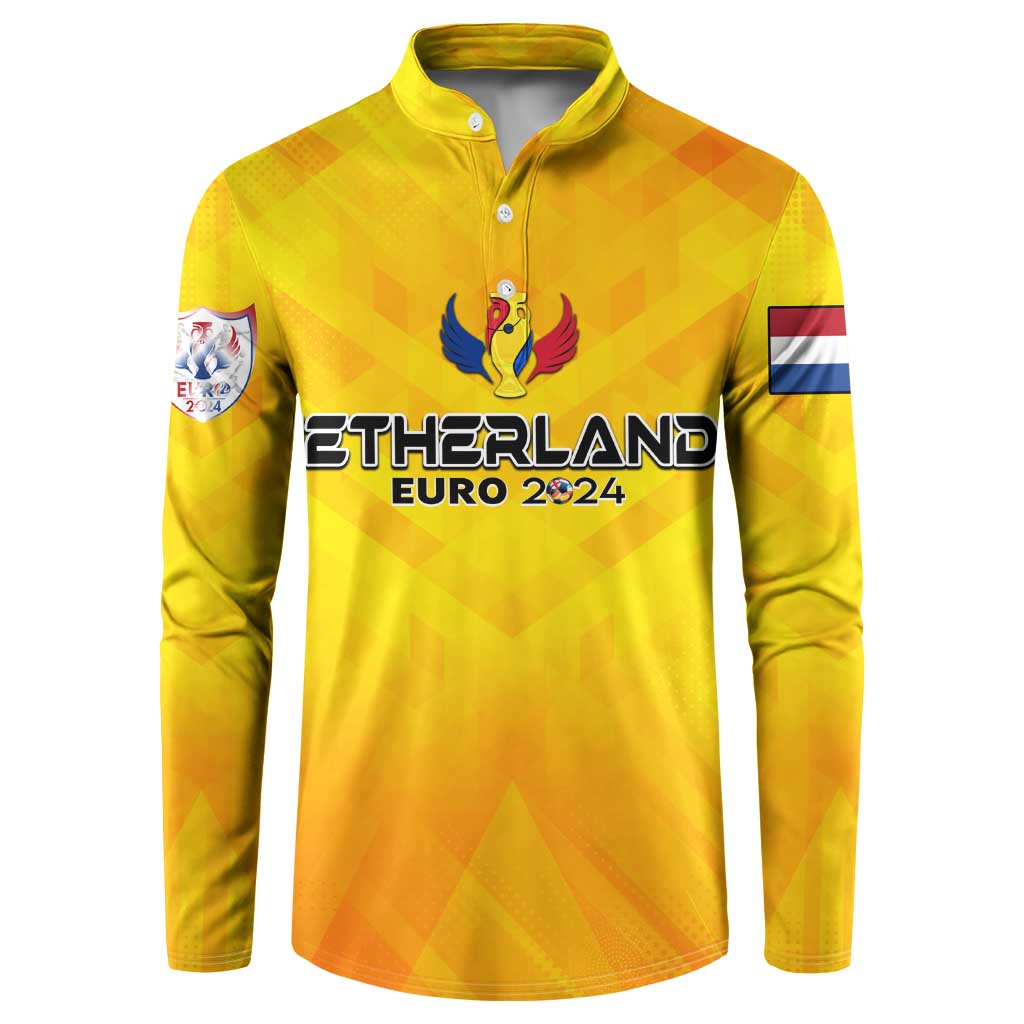 Yellow long-sleeve button sweatshirt with 'EURO 2024' chest logo and sleeve crest patch