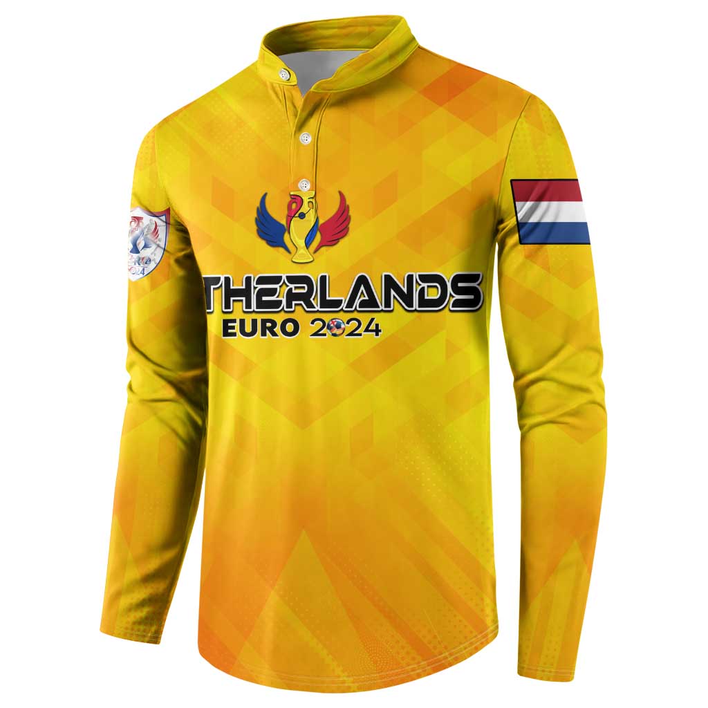 Yellow long-sleeve button sweatshirt with Netherlands crest and 'EURO 2024' text logo