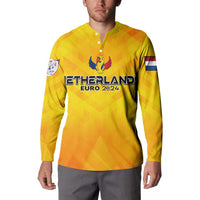 Yellow long-sleeve button sweatshirt with Netherlands crest and 'EURO 2024' front graphic