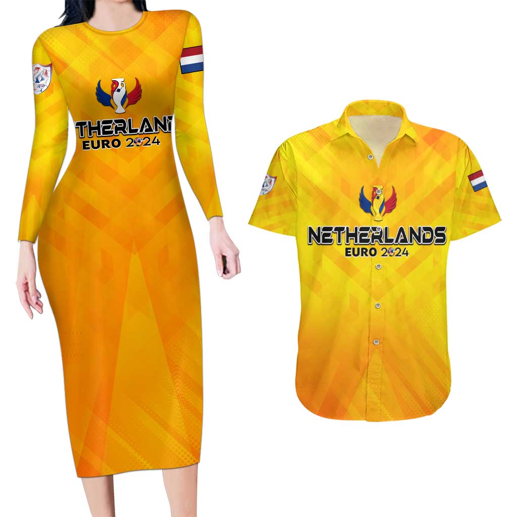 Personalized Netherlands Football 2024 Couples Matching Long Sleeve Bodycon Dress and Hawaiian Shirt Trophy Wing Style - Wonder Print Shop