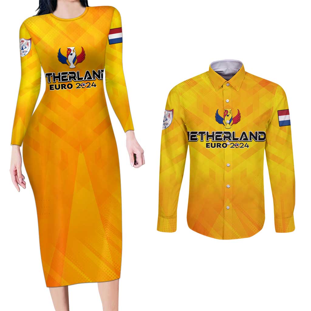 Personalized Netherlands Football 2024 Couples Matching Long Sleeve Bodycon Dress and Long Sleeve Button Shirt Trophy Wing Style - Wonder Print Shop