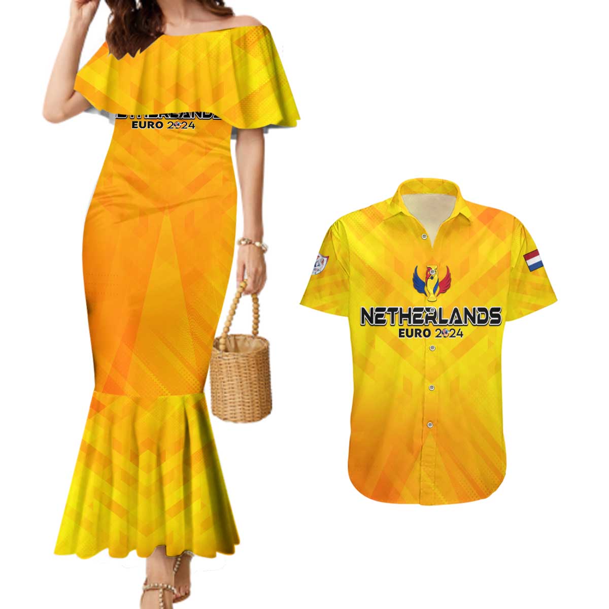 Personalized Netherlands Football 2024 Couples Matching Mermaid Dress and Hawaiian Shirt Trophy Wing Style - Wonder Print Shop