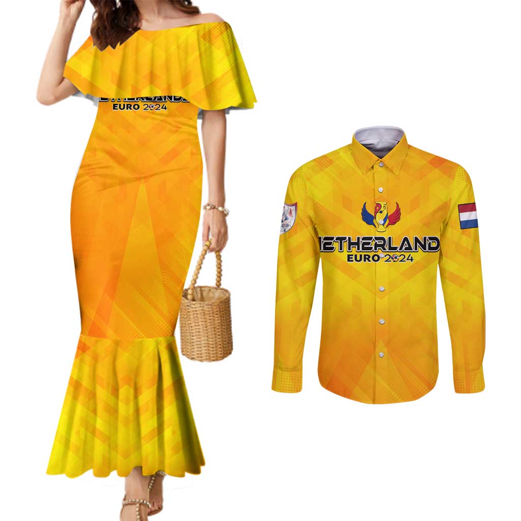 Personalized Netherlands Football 2024 Couples Matching Mermaid Dress and Long Sleeve Button Shirt Trophy Wing Style