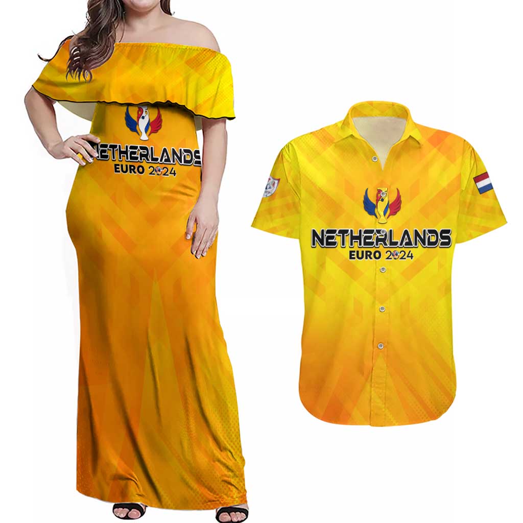 Personalized Netherlands Football 2024 Couples Matching Off Shoulder Maxi Dress and Hawaiian Shirt Trophy Wing Style - Wonder Print Shop