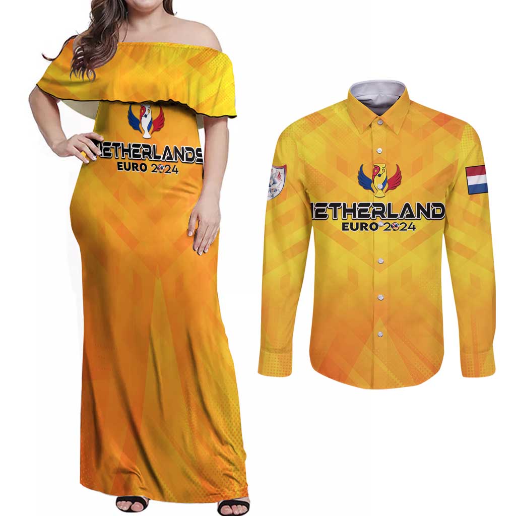 Personalized Netherlands Football 2024 Couples Matching Off Shoulder Maxi Dress and Long Sleeve Button Shirt Trophy Wing Style - Wonder Print Shop