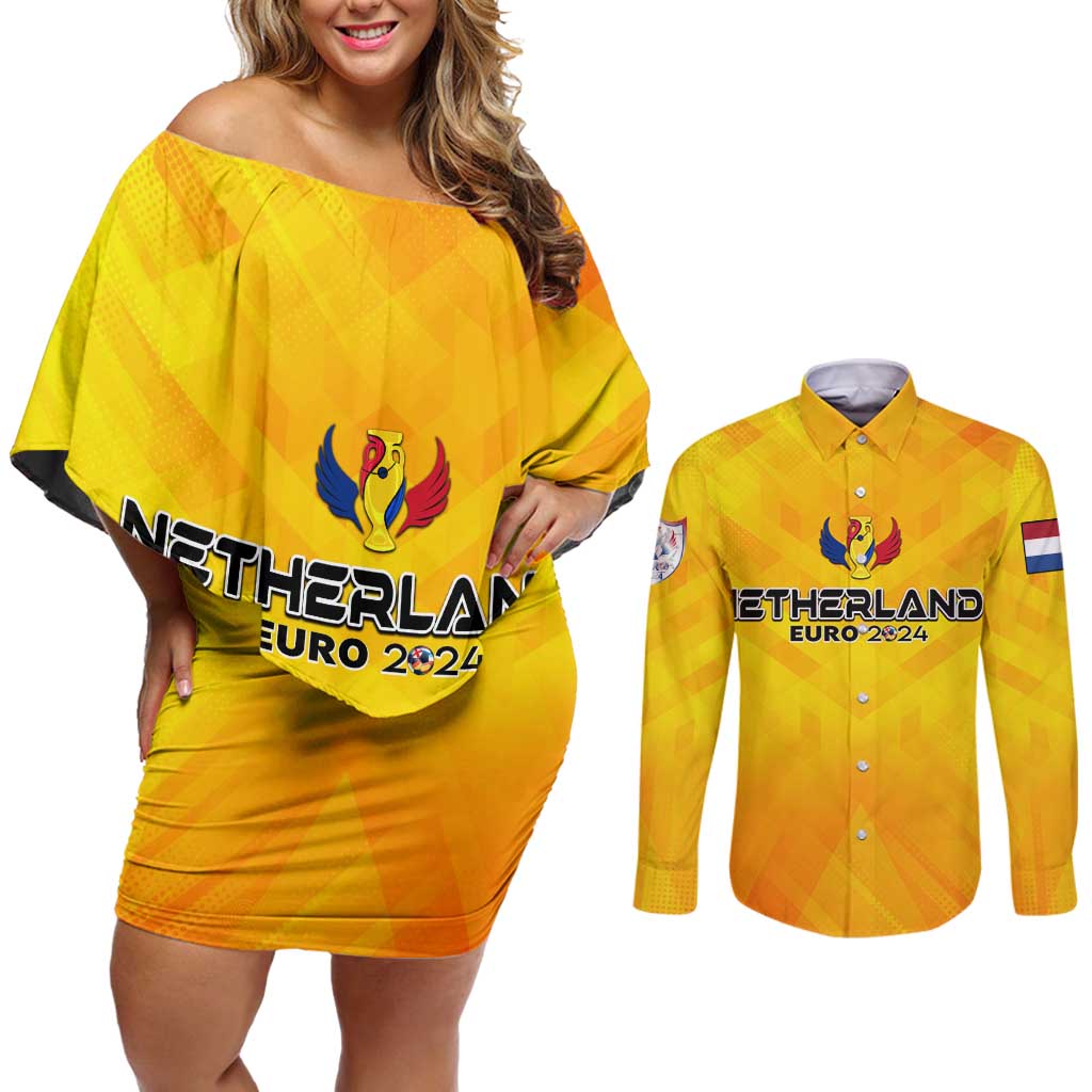 Personalized Netherlands Football 2024 Couples Matching Off Shoulder Short Dress and Long Sleeve Button Shirt Trophy Wing Style - Wonder Print Shop