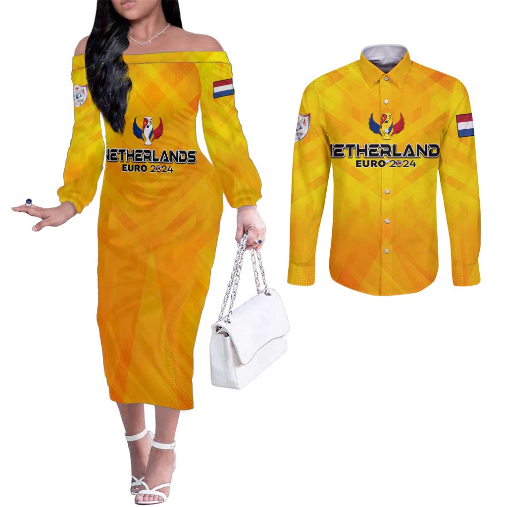 Personalized Netherlands Football 2024 Couples Matching Off The Shoulder Long Sleeve Dress and Long Sleeve Button Shirt Trophy Wing Style