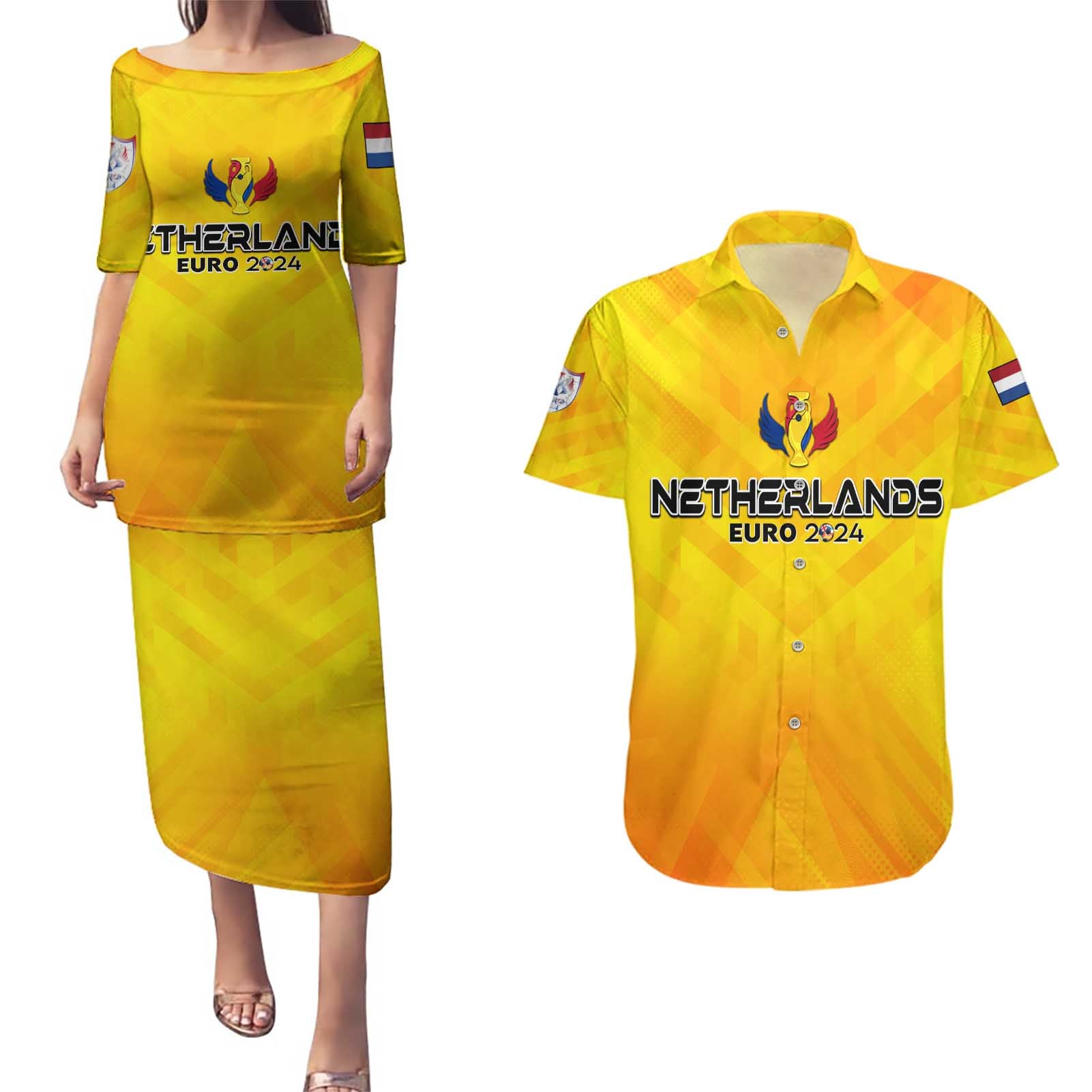 Personalized Netherlands Football 2024 Couples Matching Puletasi and Hawaiian Shirt Trophy Wing Style - Wonder Print Shop