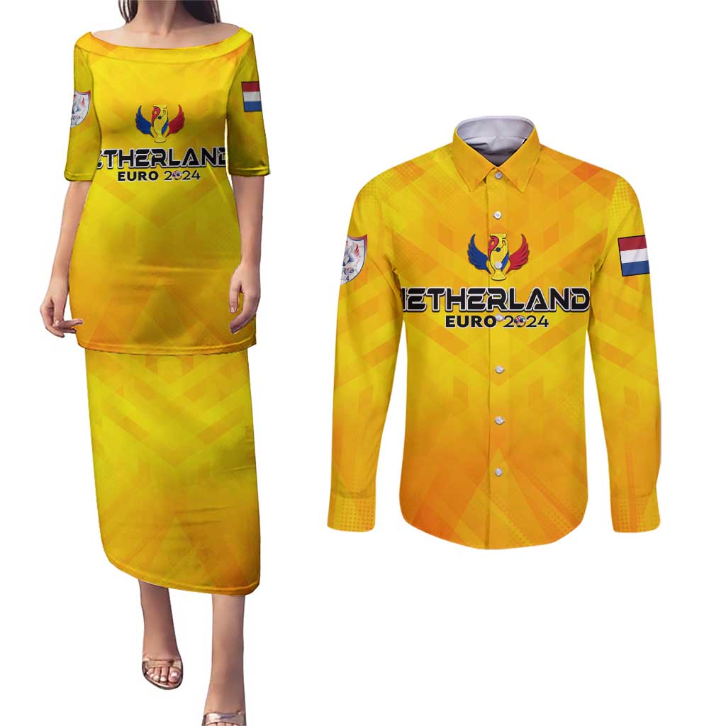 Personalized Netherlands Football 2024 Couples Matching Puletasi and Long Sleeve Button Shirt Trophy Wing Style - Wonder Print Shop