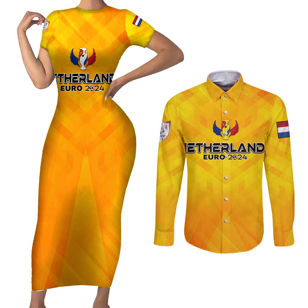 Personalized Netherlands Football 2024 Couples Matching Short Sleeve Bodycon Dress and Long Sleeve Button Shirt Trophy Wing Style - Wonder Print Shop