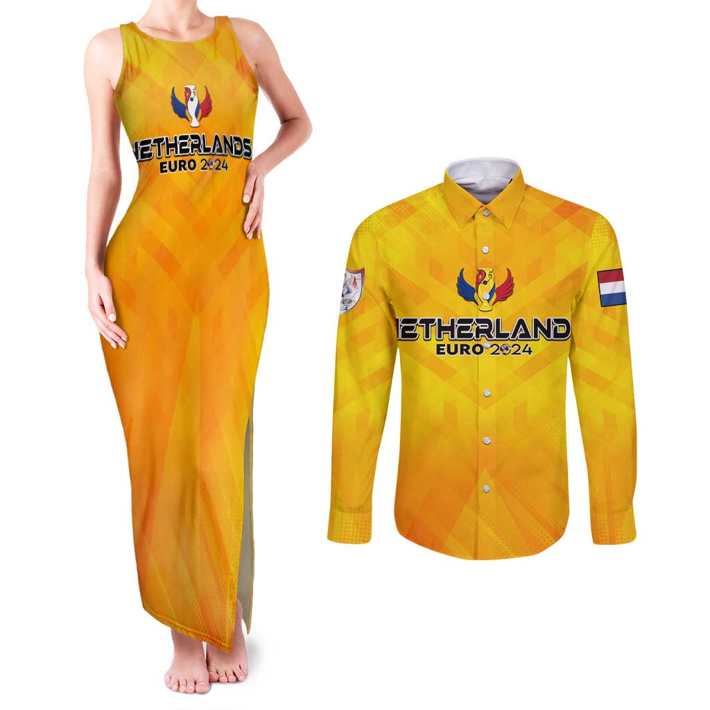 Personalized Netherlands Football 2024 Couples Matching Tank Maxi Dress and Long Sleeve Button Shirt Trophy Wing Style - Wonder Print Shop