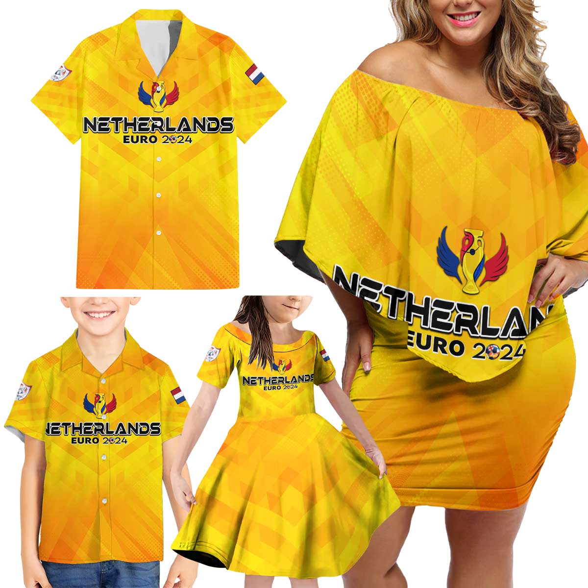 Personalized Netherlands Football 2024 Family Matching Off Shoulder Short Dress and Hawaiian Shirt Trophy Wing Style - Wonder Print Shop