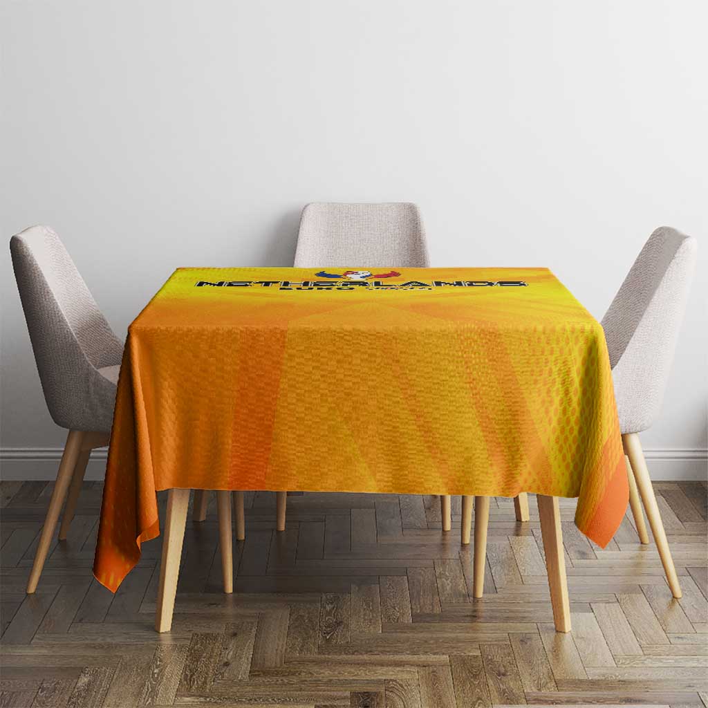 Yellow football-themed tablecloth with Netherlands crest and 2024 graphic