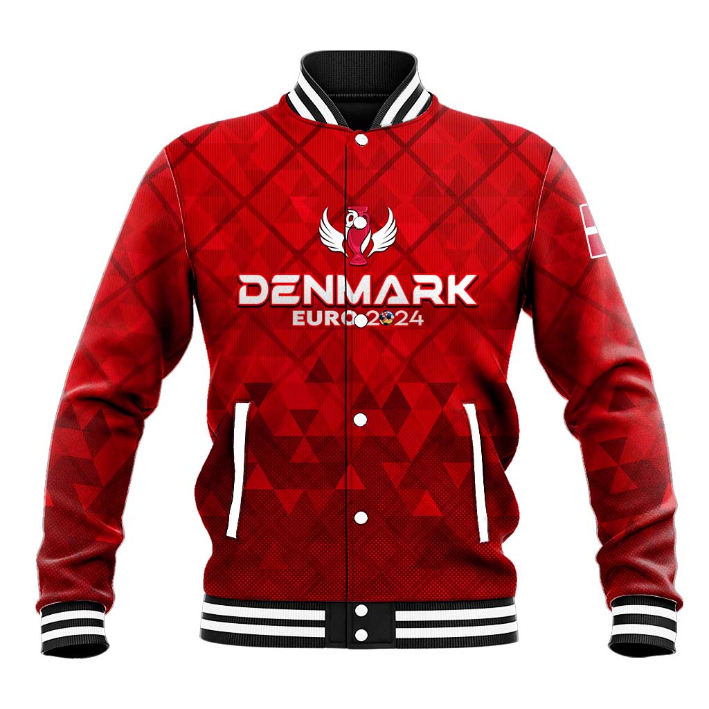 Red Denmark Euro 2024 varsity baseball jacket with diamond pattern, snap front and rib cuffs