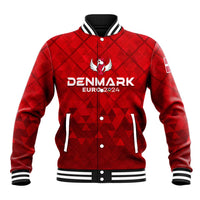 Red Denmark Euro 2024 varsity baseball jacket with diamond pattern, snap front and rib cuffs