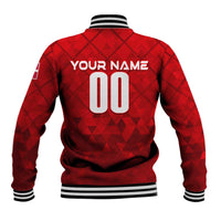 Red baseball jacket back with diamond pattern, YOUR NAME 00 print and rib knit cuffs