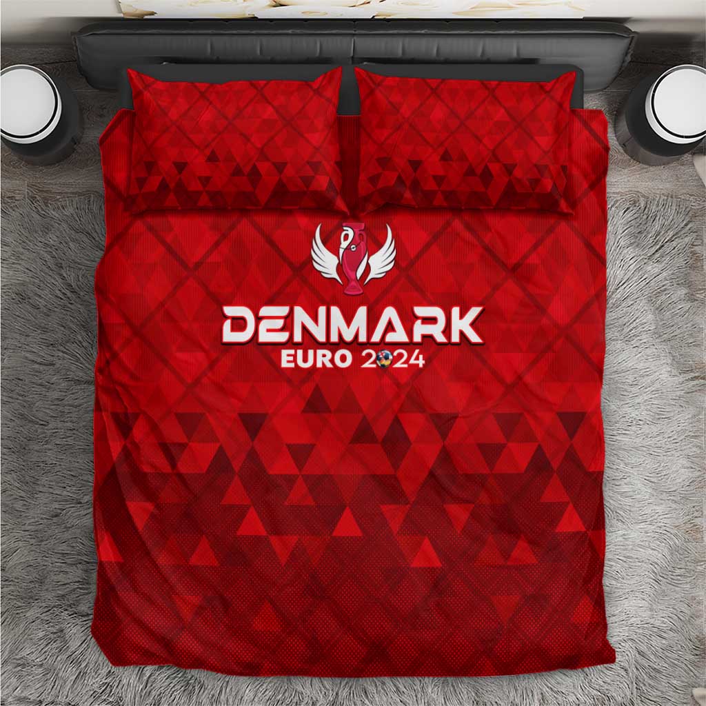 Red duvet cover set with Denmark Euro 2024 logo, geometric pattern and two pillows
