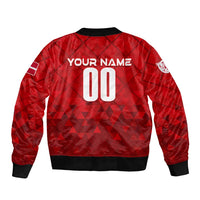 Red bomber jacket back with YOUR NAME and large number 00, black rib trim