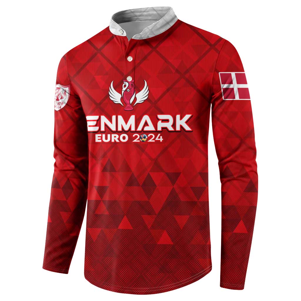 Red Denmark Euro 2024 button sweatshirt with DENMARK text, wing emblem, and flag sleeve patch