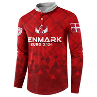 Red Denmark Euro 2024 button sweatshirt with DENMARK text, wing emblem, and flag sleeve patch