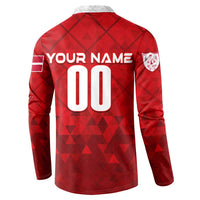 Red personalized back button sweatshirt with YOUR NAME and large 00 print