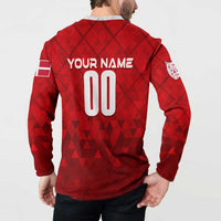 Red personalized back button sweatshirt with YOUR NAME 00 and crest sleeve patch