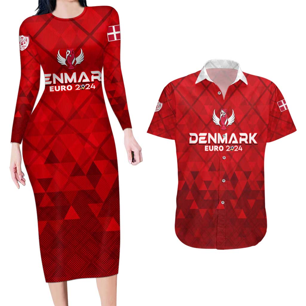 Personalized Denmark Football 2024 Couples Matching Long Sleeve Bodycon Dress and Hawaiian Shirt Trophy Wing Style - Wonder Print Shop