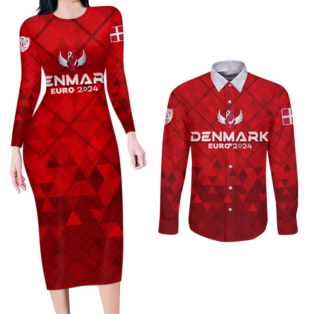 Personalized Denmark Football 2024 Couples Matching Long Sleeve Bodycon Dress and Long Sleeve Button Shirt Trophy Wing Style - Wonder Print Shop