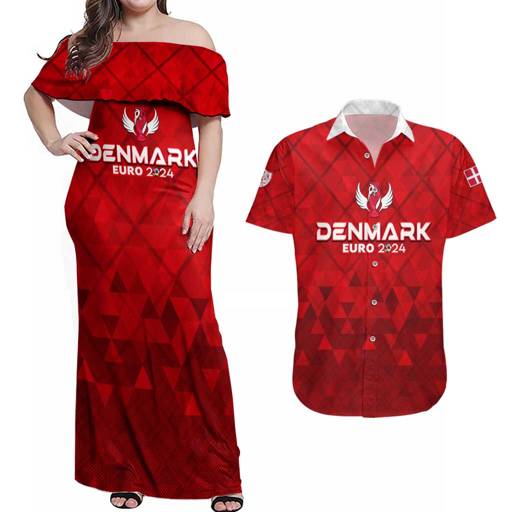 Personalized Denmark Football 2024 Couples Matching Off Shoulder Maxi Dress and Hawaiian Shirt Trophy Wing Style - Wonder Print Shop