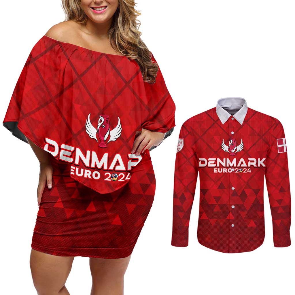 Personalized Denmark Football 2024 Couples Matching Off Shoulder Short Dress and Long Sleeve Button Shirt Trophy Wing Style - Wonder Print Shop