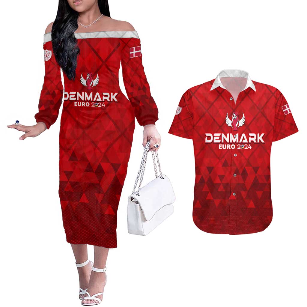 Personalized Denmark Football 2024 Couples Matching Off The Shoulder Long Sleeve Dress and Hawaiian Shirt Trophy Wing Style - Wonder Print Shop