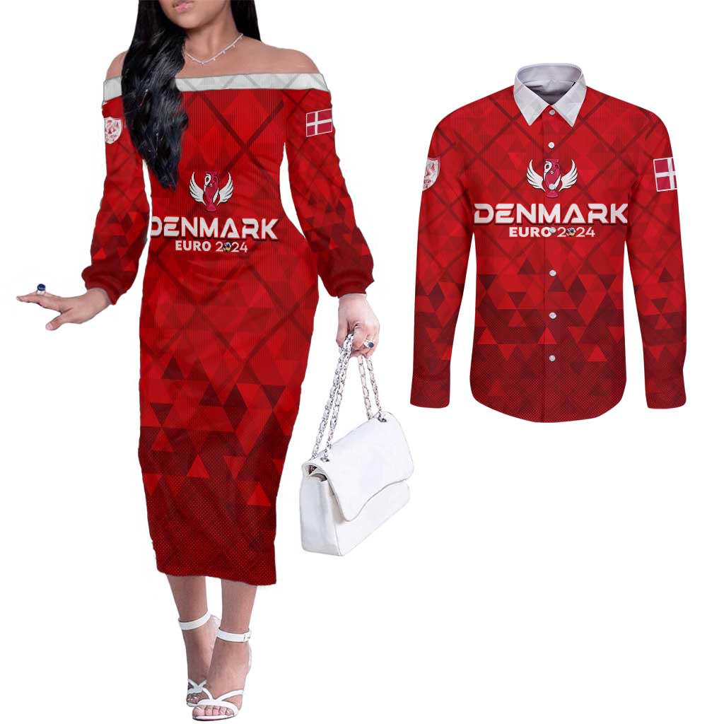 Personalized Denmark Football 2024 Couples Matching Off The Shoulder Long Sleeve Dress and Long Sleeve Button Shirt Trophy Wing Style