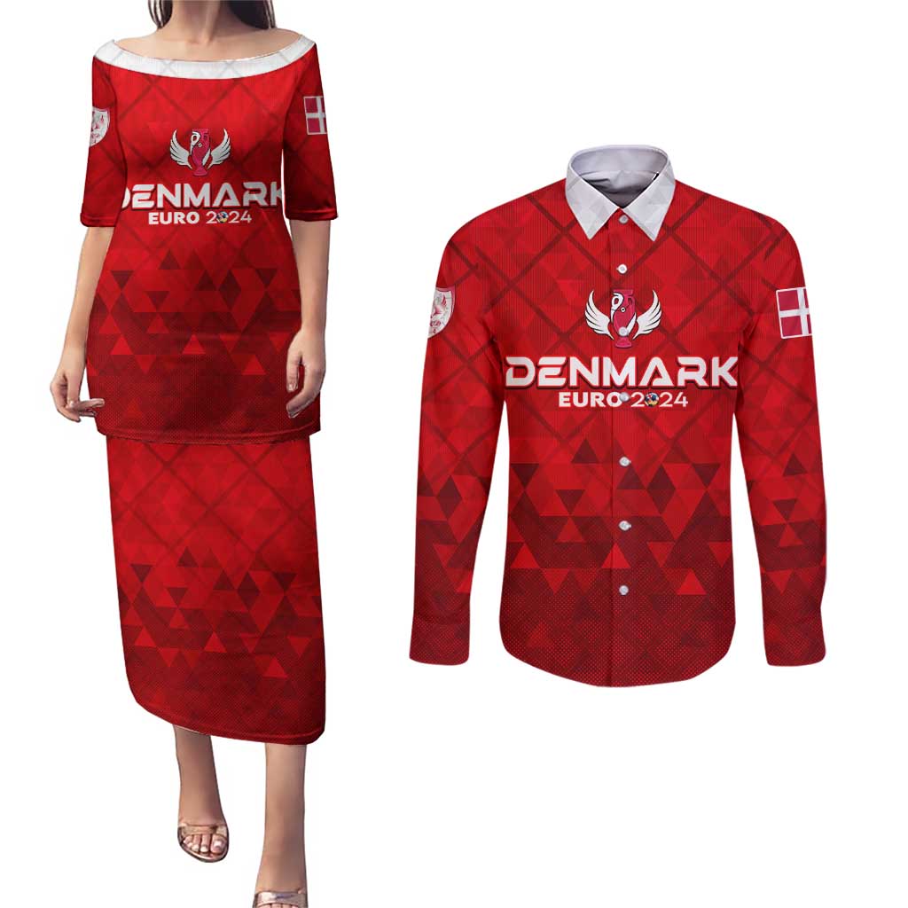 Personalized Denmark Football 2024 Couples Matching Puletasi and Long Sleeve Button Shirt Trophy Wing Style - Wonder Print Shop