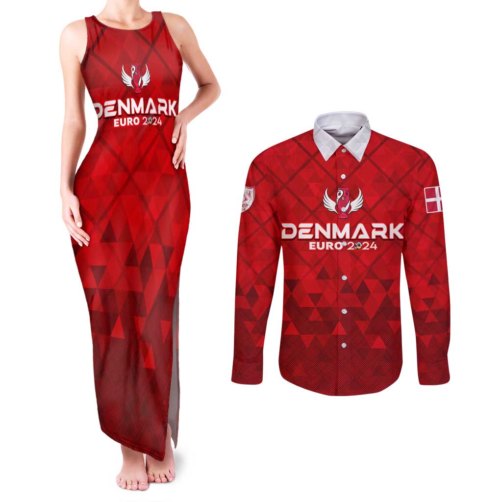 Personalized Denmark Football 2024 Couples Matching Tank Maxi Dress and Long Sleeve Button Shirt Trophy Wing Style - Wonder Print Shop