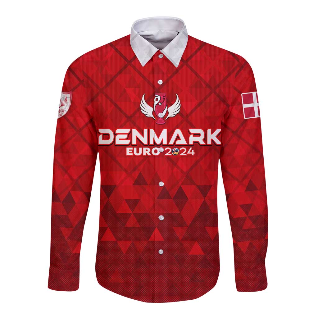 Red long-sleeve football button shirt, white collar, Denmark Euro 2024 front print