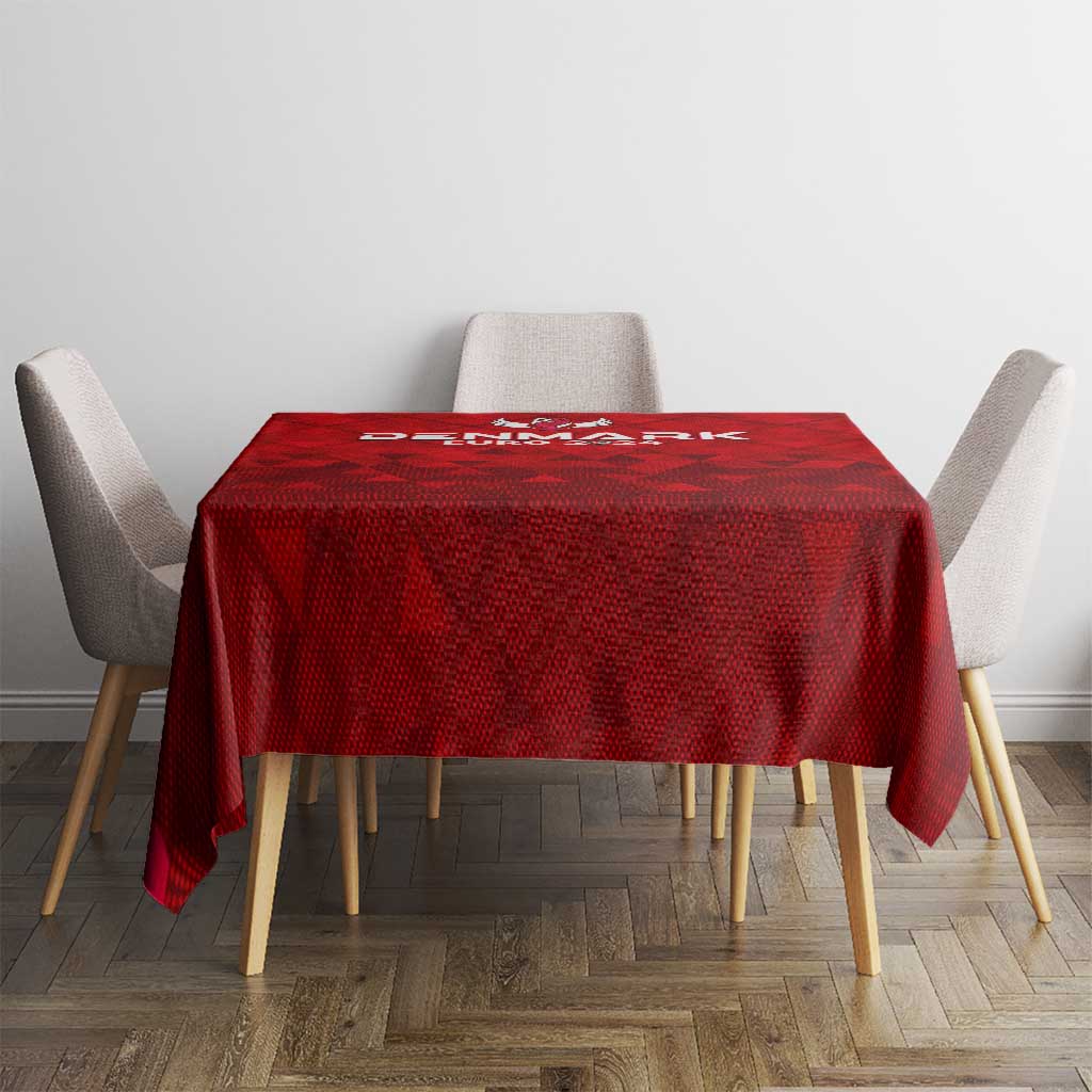 Red Denmark branded tablecloth with central lettering on square table