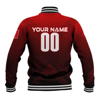Red personalized baseball jacket, black chevron pattern, striped collar, back name and 00