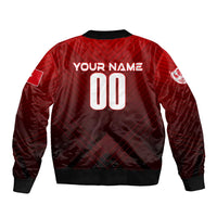 Red bomber jacket with black rib trim, back print 'YOUR NAME' and number 00