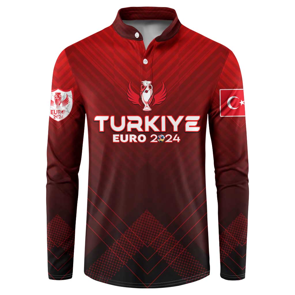 Red and dark long-sleeve button football sweatshirt with Turkey Euro 2024 logo on front