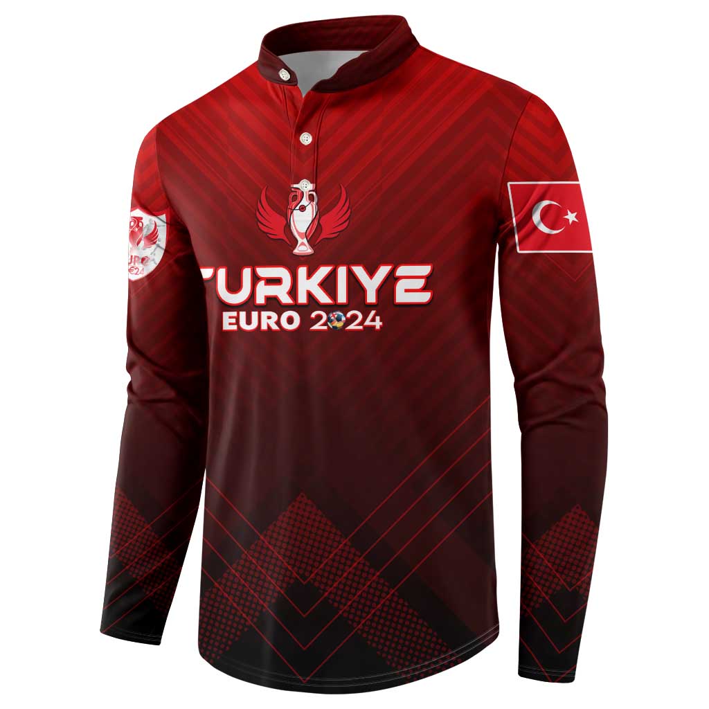 Red and dark button football sweatshirt with Turkey Euro 2024 crest and sleeve flag patch