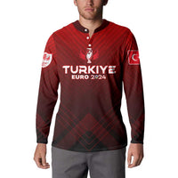 Red and dark button-up football sweatshirt with Turkey Euro 2024 graphic and crest