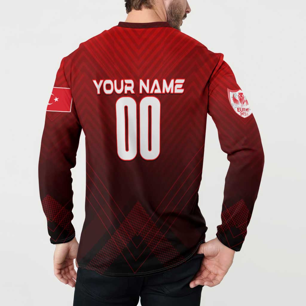 Red and dark button football sweatshirt back with YOUR NAME 00 graphic and sleeve patch