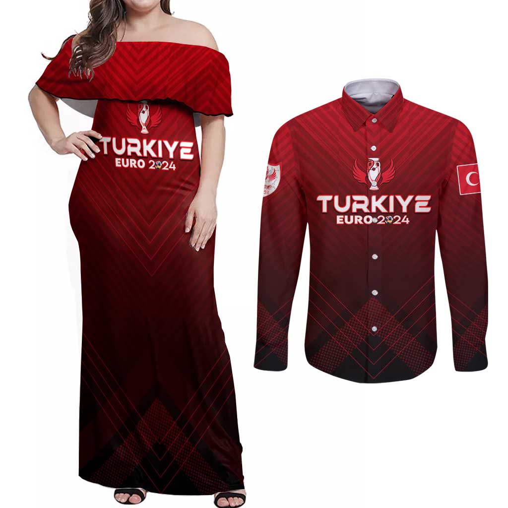 Personalized Turkey Football 2024 Couples Matching Off Shoulder Maxi Dress and Long Sleeve Button Shirt Trophy Wing Style - Wonder Print Shop