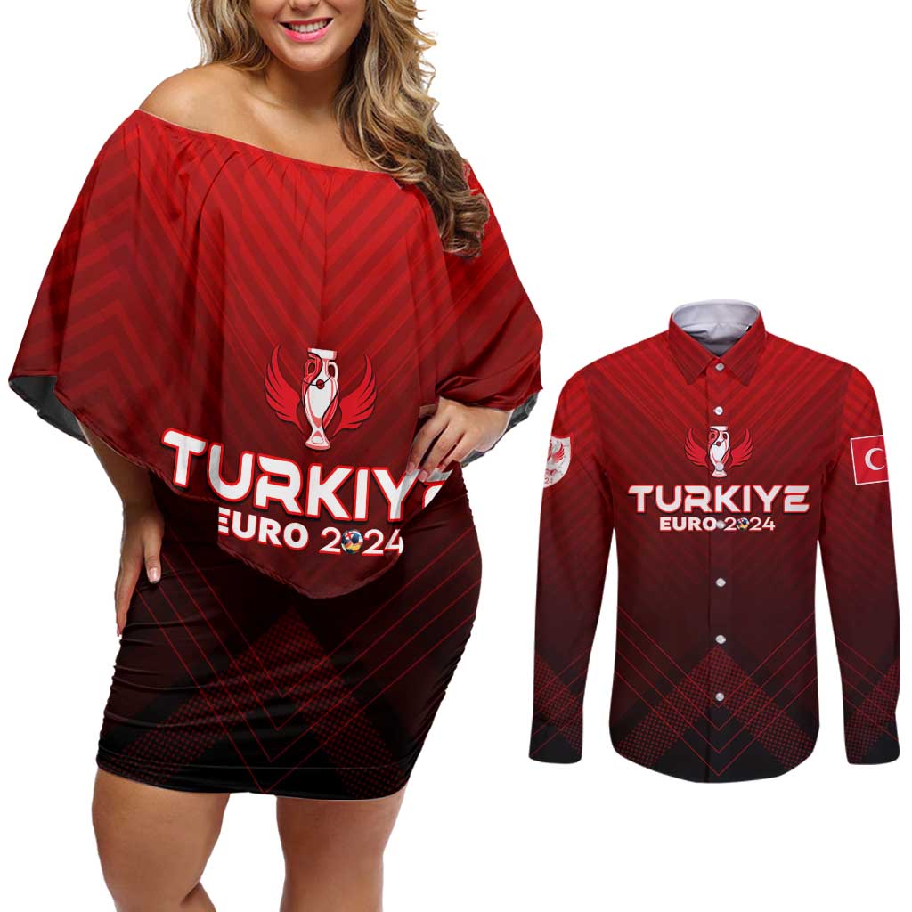 Personalized Turkey Football 2024 Couples Matching Off Shoulder Short Dress and Long Sleeve Button Shirt Trophy Wing Style - Wonder Print Shop