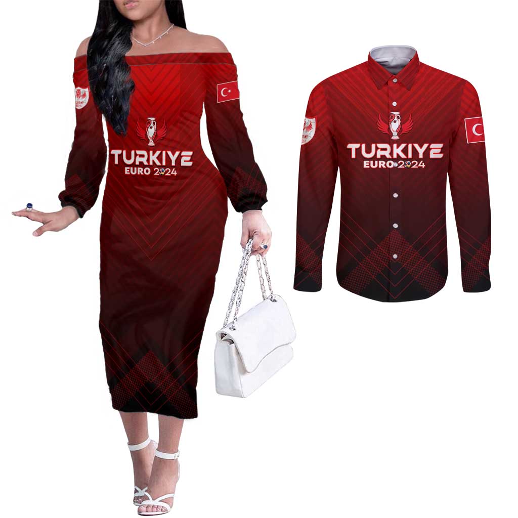 Personalized Turkey Football 2024 Couples Matching Off The Shoulder Long Sleeve Dress and Long Sleeve Button Shirt Trophy Wing Style