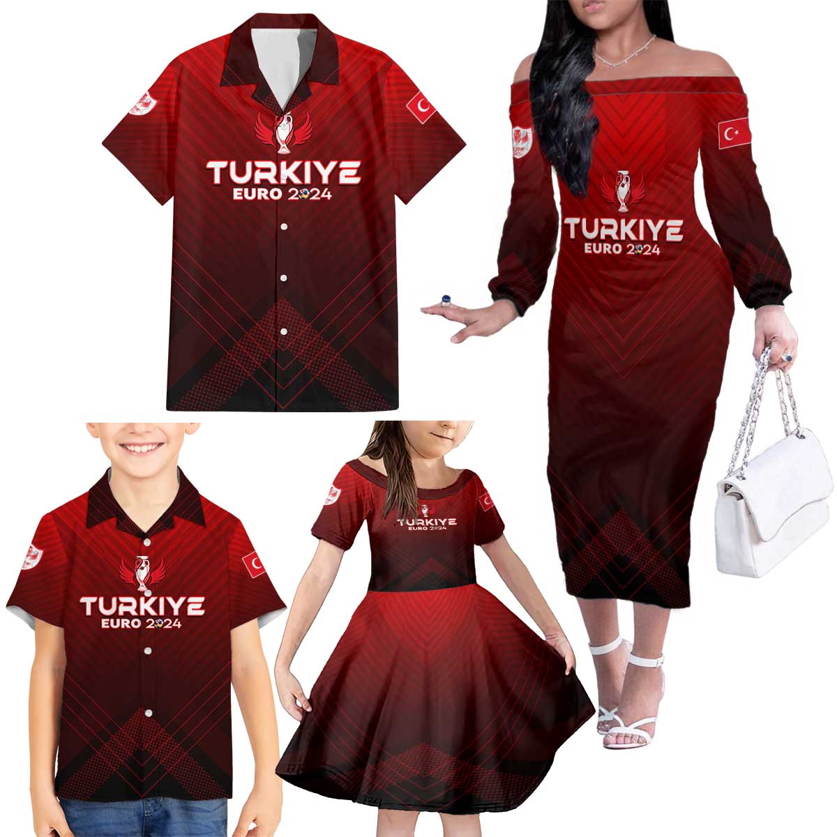 Personalized Turkey Football 2024 Family Matching Off The Shoulder Long Sleeve Dress and Hawaiian Shirt Trophy Wing Style - Wonder Print Shop