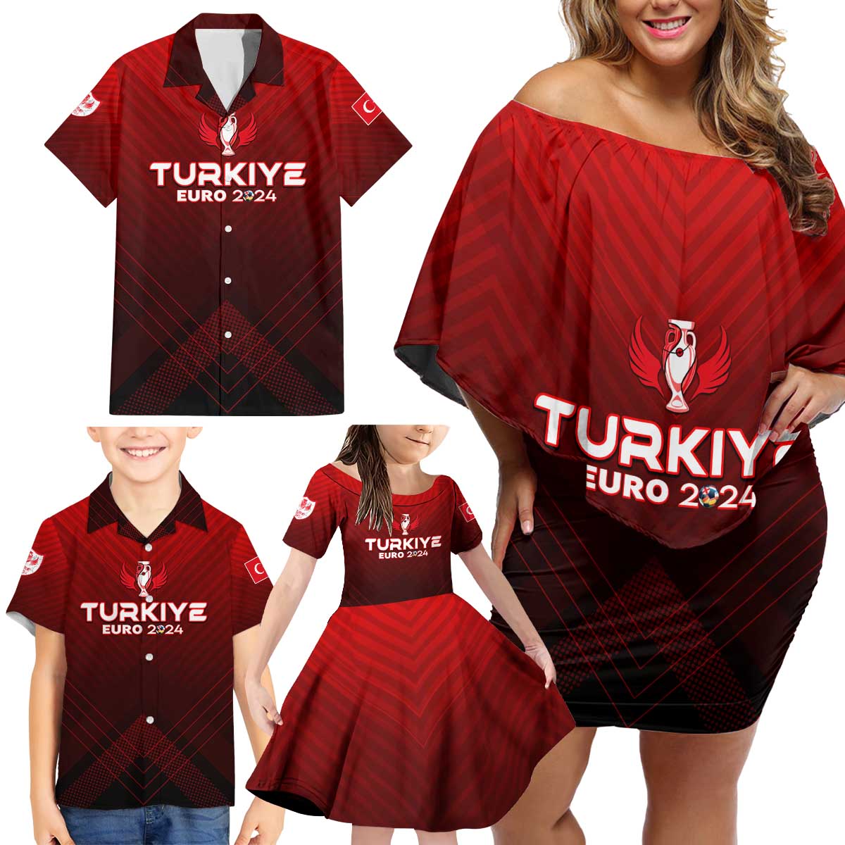 Personalized Turkey Football 2024 Family Matching Off Shoulder Short Dress and Hawaiian Shirt Trophy Wing Style - Wonder Print Shop